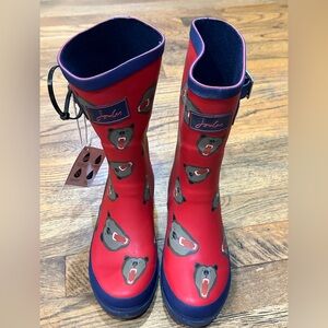 NWT Joules Red Bear Print Boys Rain Boots (size UK 1, US 2)